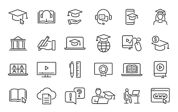 E-learning web icon set in line style. E-book, video tutorial, mentor, distance learning, video and audio courses, collection. Vector illustration. E-learning web icon set in line style. E-book, video tutorial, mentor, distance learning, video and audio courses, collection. Vector illustration. social science student stock illustrations