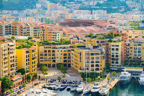 Fontvieille Harbor in Monte Carlo, Monaco seen from above druing a summer day. Fontvieille is the southernmost district of the Principality of Monaco.