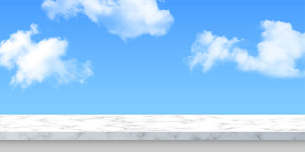 istock Marble podium with blue sky and clouds background. White stone platform for product display or advertising. Minimal clean scene with natural light. Abstract vector illustration 2230934245