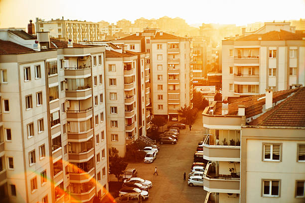 Residential area street view at sunset