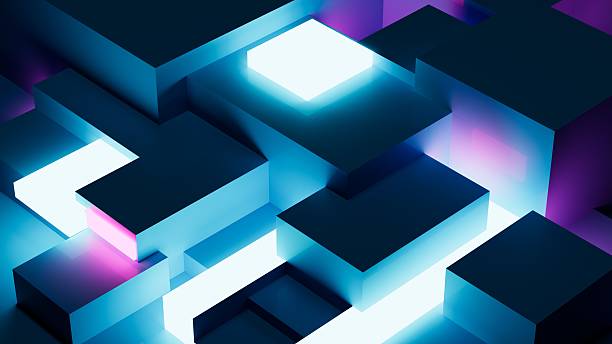 istock Abstract 3d render, geometric background design podium with plastic cubes neon colors red blue 2230938748
