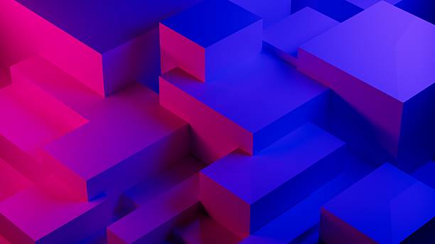 istock Abstract 3d render, geometric background design podium with plastic cubes neon colors red blue 2230938777