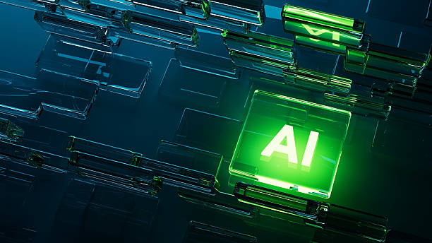 AI, artificial intelligence logo on neon blue violet glass geometric rectangles background. 3d render artificial intelligence concept, AI logo