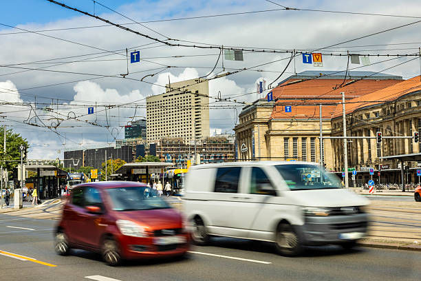 Traffic in Leipzig, with main station in the background