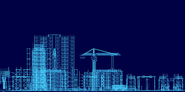 istock Blueprint of a city building under construction with a dark blue background, featuring wireframe structures in various shapes and sizes. The design highlights architectural details. 2230947294