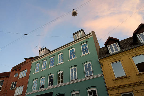 Evening atmosphere in Odense. Houses on quiet side streets with low-rise residences in the middle of the city. Having copy space