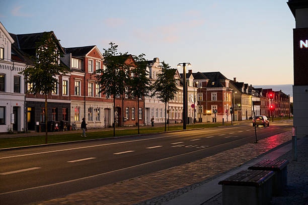 Evening atmosphere in Odense. Houses on quiet side streets with low-rise residences in the middle of the city.