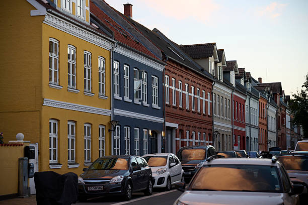 Evening atmosphere in Odense. Houses on quiet side streets with low-rise residences in the middle of the city.