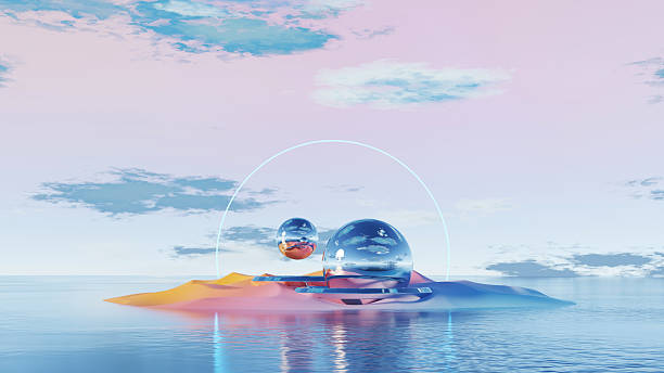 istock 3D render, floating glass spheres on pastel island with surreal reflections 2230956684