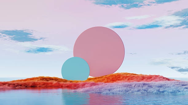 istock 3D render, abstract pastel circle sculptures on colorful island with water reflection 2230956686