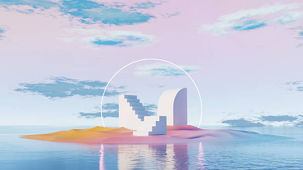 istock 3D render, abstract geometric stairs and curved structure on pastel island with reflection 2230956687