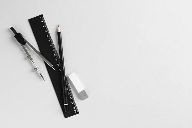 istock Ruler, pencil, eraser and compass on light grey background, flat lay. Space for text 2230961765