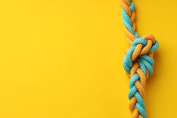 Colorful ropes tied in knot on yellow background, top view and space for text. Unity concept