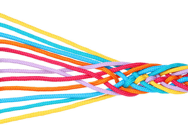 istock Colorful ropes tied together isolated on white, top view. Unity concept 2230962118