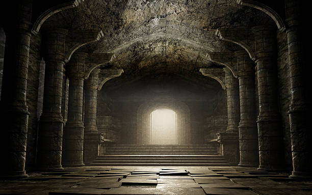 istock Mysterious Fantasy Temple Hall with Ancient Architecture and Glowing Treasure Gate 3D Rendering 2230963048