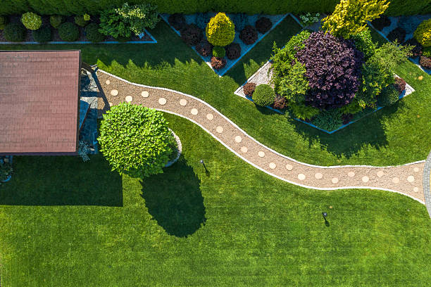 istock Beautiful Garden Design With Lush Greenery and Decorative Pathway in Sunlight 2230967060