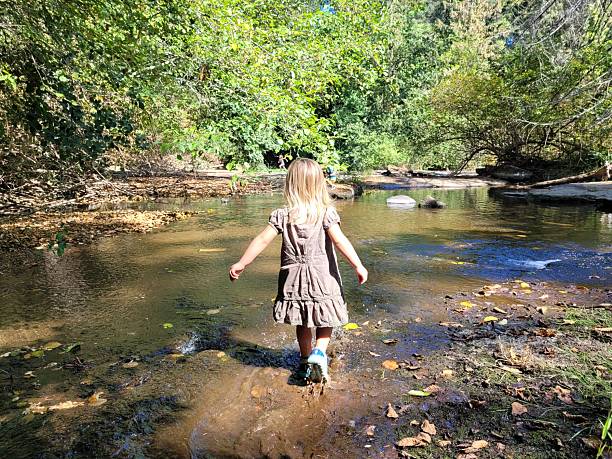 Young girl eagerly exploring a creek in the forest while on summer vacation.