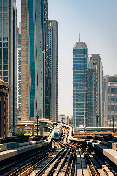 istock Modern Train on Elevated Tracks Amidst Dubai Cityscape and Skyscrapers 2230979433