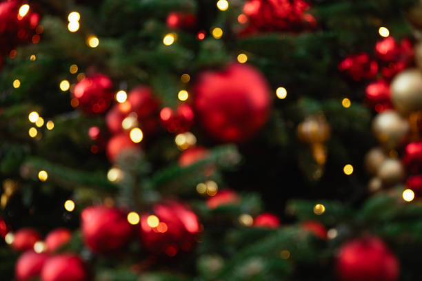 istock Blurred Christmas tree with golden garland and red balls. Abstract pattern. Xmas. 2230988252