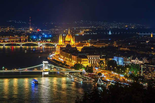 Panoramic view of Hungarian Parliament at night, Budapest.