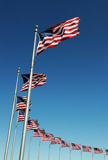 istock USA flags in a row waving in the wind 2230996733