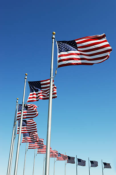 istock USA flags in a row waving in the wind 2230996737