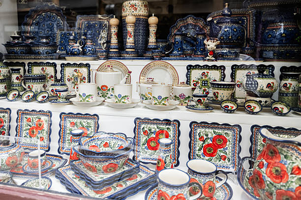 Colorful ceramic coffee cups for sale at the bazaar market in Armenia.