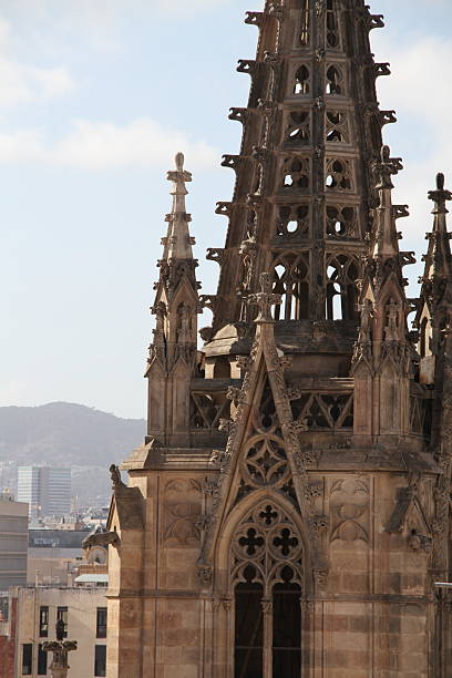 Barcelona Cathedral with Gothic stonework framed by nearby buildings under clear blue sky.