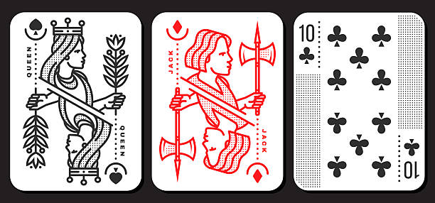 Set of playing card 10, queen, jack. Vector illustration. Esoteric, magic Royal playing card 10, queen, jack design collection. Line art minimalist style.