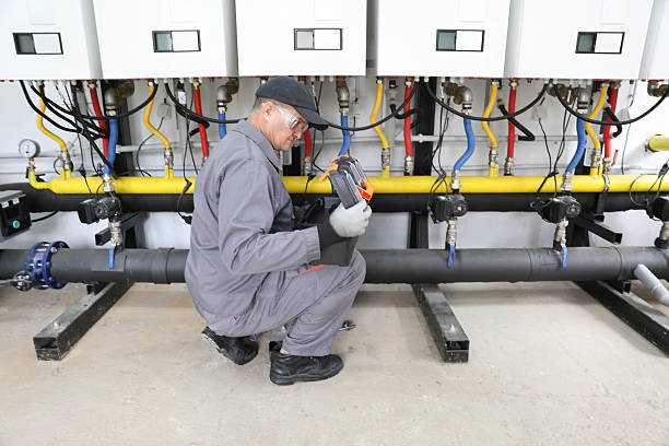 Industrial Technician Wearing Protective Equipment Adjusting Settings On A Wall-Mounted Heating System Control Panel. The Scene Shows A Modern Boiler Room With Color-Coded Pipes, Pumps, And Safety Equipment Like Fire Extinguishers. Concept Of Energy Management, Maintenance, And Industrial Safety.