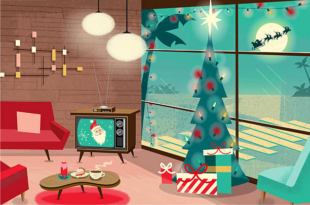 Vector illustration of a Holiday Retro Mid-century Home cozy festive living room interior scene decorated for Christmas with Tree, furniture, Television and Santa on textured background. Download includes vector eps and high resolution jpg.