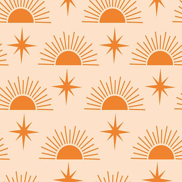 Abstract retro mid century half sun sunrise with atomic starbursts in orange over cream background. For wallpaper, home décor and fabric