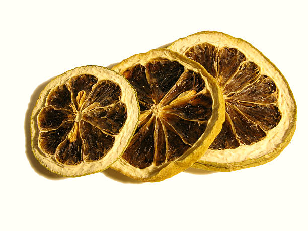 Dehydrated citrus slices showcasing their shriveled texture and intricate design, spotlighted on a clean, white background with warm lighting.