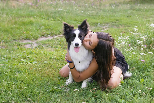 istock Woman kneeling in grass while holding and hugging Border Collie dog, both looking forward. Great for human-animal connection themes, pet care visuals, and outdoor lifestyle concepts. 2231025513