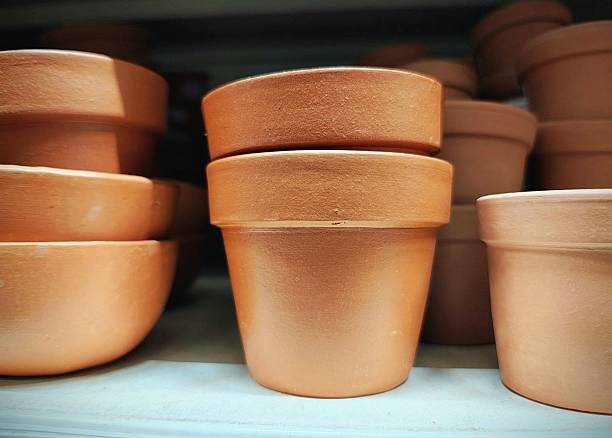 A brown, terracotta pot is waiting to be filled with potting mix and a plant.