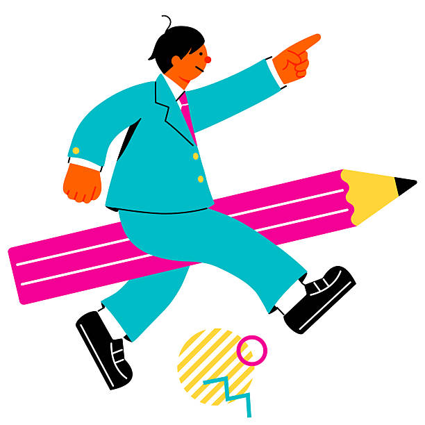 istock Pop and colorful illustration of a schoolboy on a large pencil pointing forward 2231031784