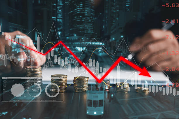 istock Concept of economic collapse by falling graph, chart, highlighting global recession fueled by inflation, stock market crash, financial crisis, falling income, GDP decline, capital reduction. 2231032897