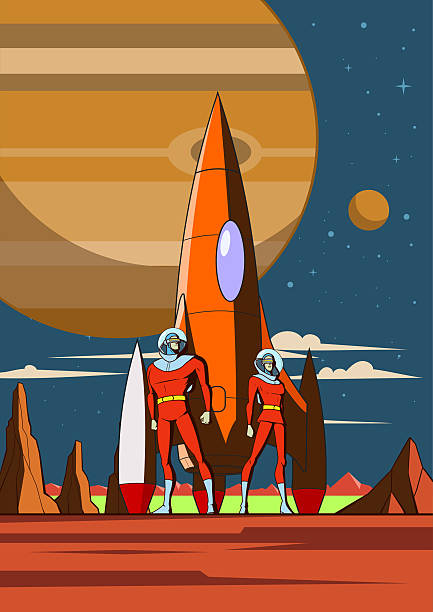 An atom age era style vector illustration of a couple of astronaut standing on a Planet with mountain range scenery and a rocket ship in the background. Wide space available for your copy. No generative AI was used.