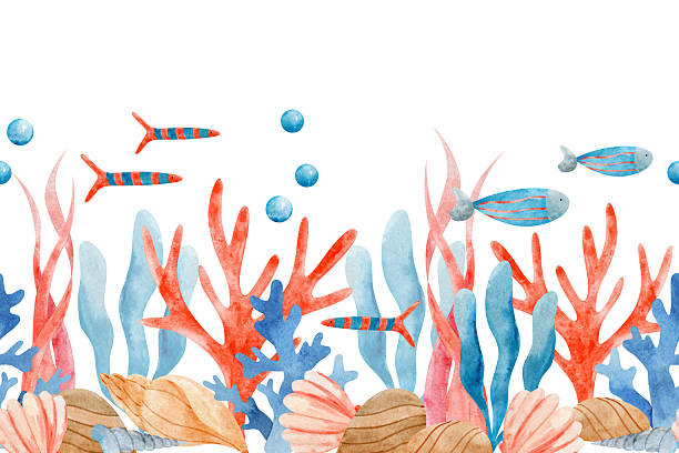 istock Watercolor seamless border seashell, corals and fish illustration. 2231040400