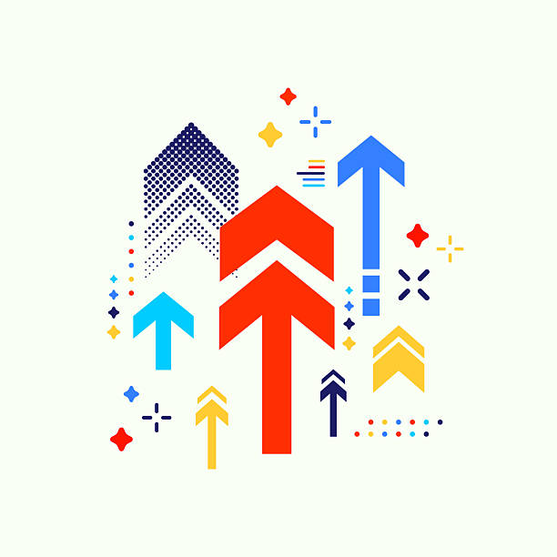 Creative abstract illustration of arrows pointing upward with vibrant shapes and halftone patterns, representing direction, achievement, and modern design.