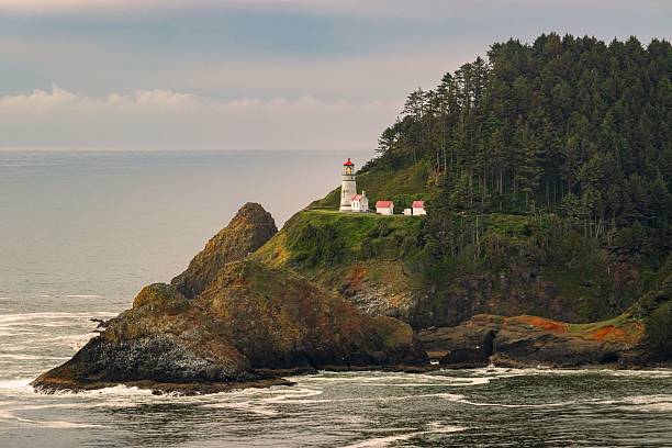 Scenic view of Heceta Head Lighthouse on a rocky Oregon coast with lush green forest and ocean waves.