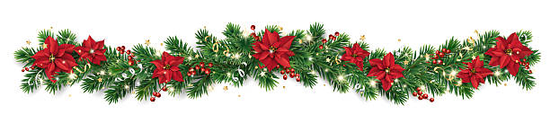 istock Horizontal Christmas garland with poinsettias, pine branches, holly berries, and confetti. Decoration for holiday banners, cards, and party posters. Transparent background in vector file. 2231063824