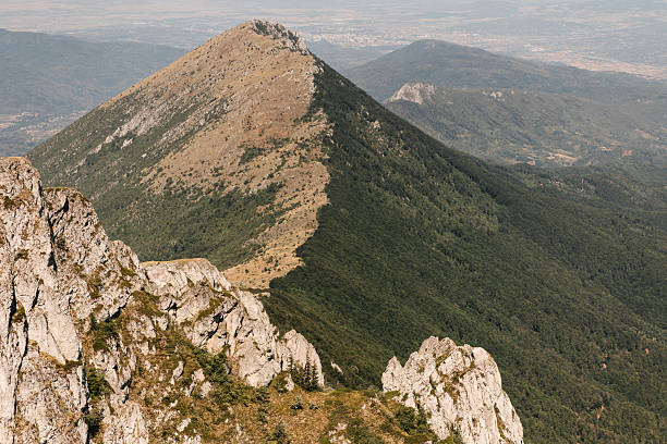 Mountain peak covered with forest and dry grass, with rocky cliffs in the foreground, photographed on a clear summer day.