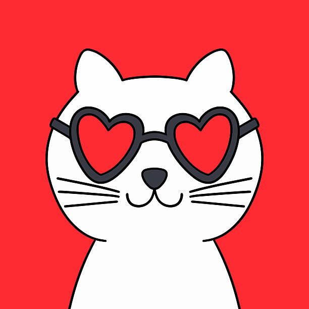 Cute White Cat with Heart-Shaped Glasses. ​Kawaii Animal Character Vector. Adorable Kitten Wearing Sunglasses Illustration