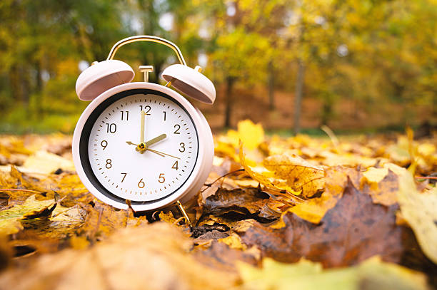 istock Winter time changeover, end of daylight saving time in autumn, alarm clock fall back switch, forest with colorful foliage 2231077124