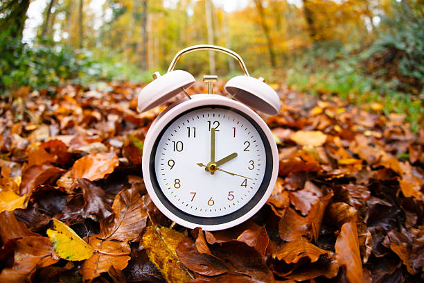 istock Winter time changeover, end of daylight saving time in autumn, alarm clock fall back switch, forest with colorful foliage 2231077281