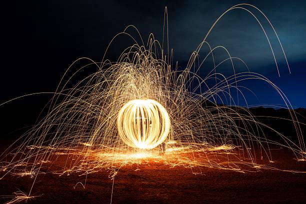 istock Fiery steel wool sphere at night 2231081516