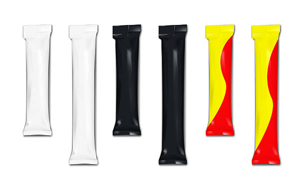 istock Blank tear notch stick pack plastic bag. Mock-up set. White, black, color design. Grooved long sachet pouch packet. Realistic vector mockup. Single dose, serving package. Easy editable template 2231087444