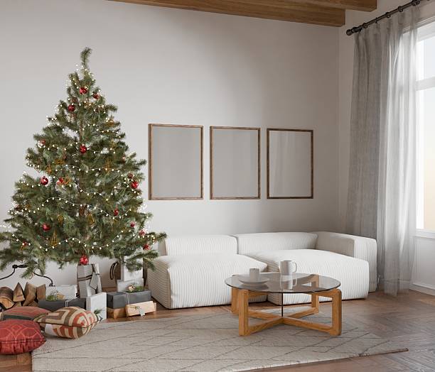 istock Christmas interior frame, living room poster empty in home design new year, element mockup annual holidays, 3d render. 2231089504