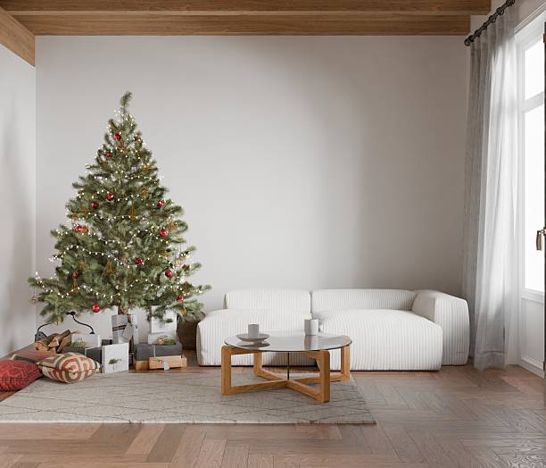 istock Christmas interior, living room wall empty in home design new year, element mockup annual holidays, 3d render. 2231089505